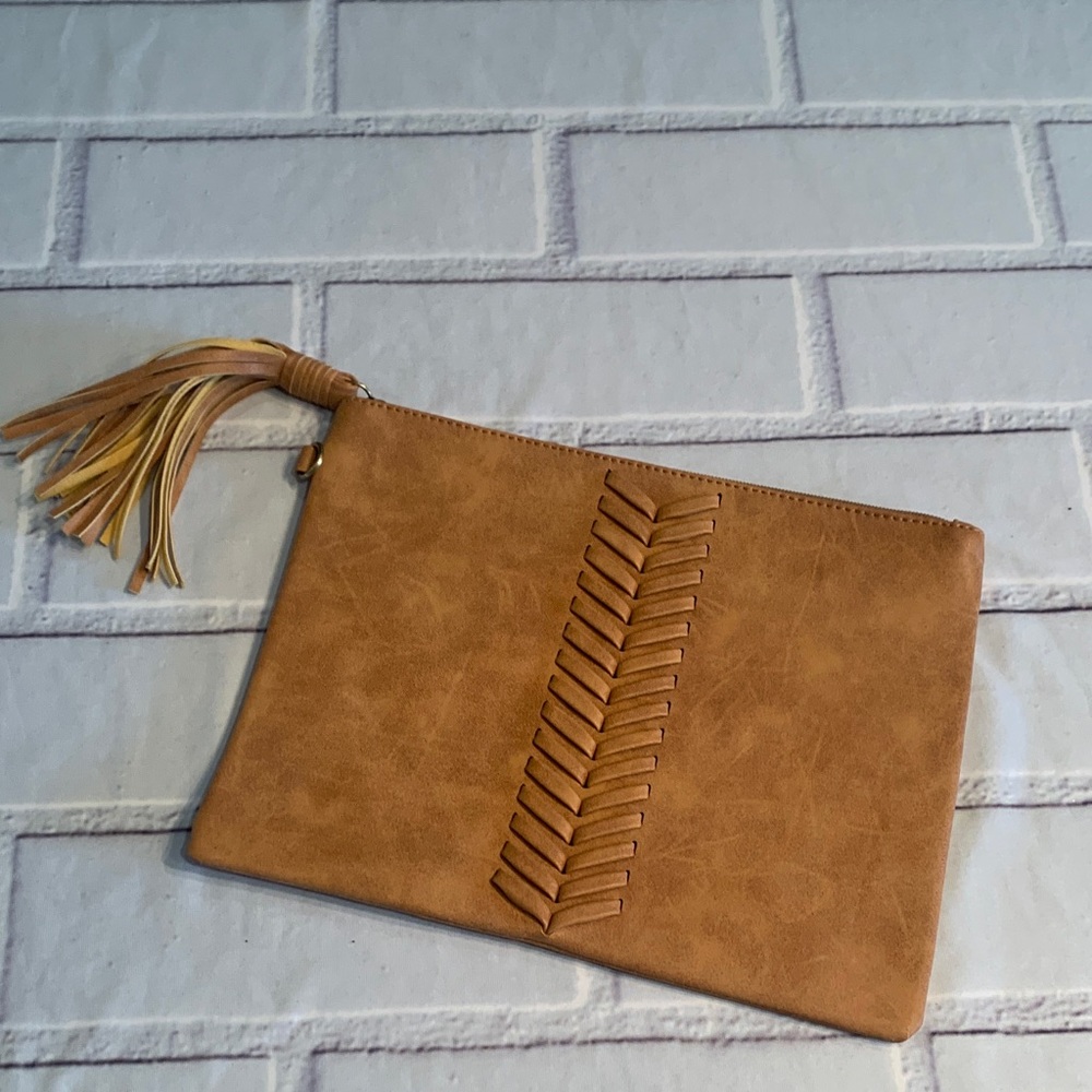 Classic Tan Woven Tassel Zip Clutch - Women Bags